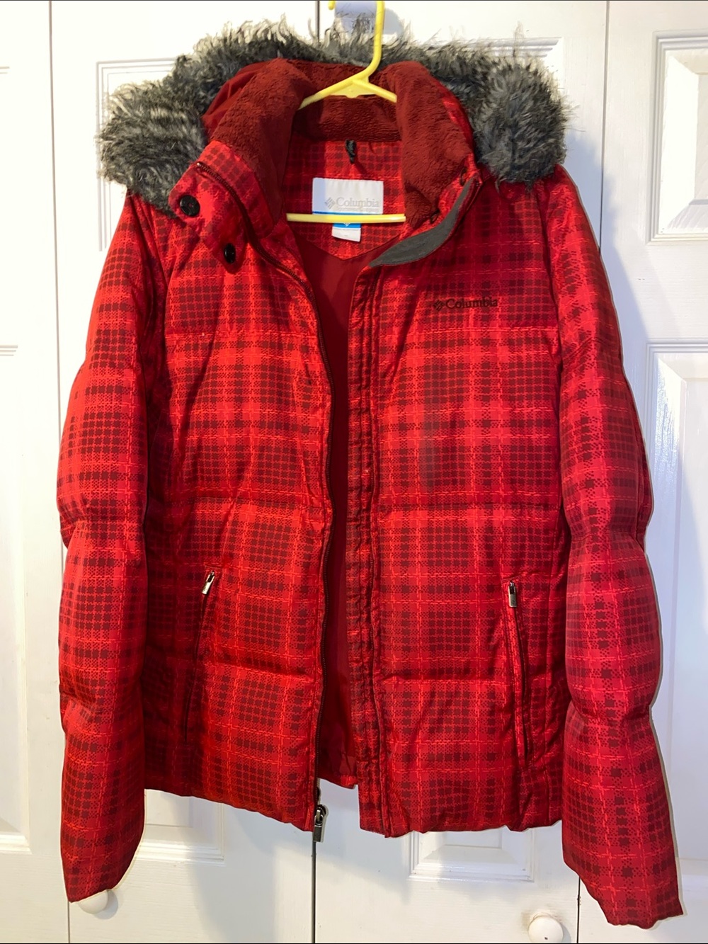 Columbia Red Plaid Hooded Puffer Jacket with Faux Fur Trim